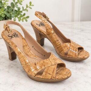 Sofft Cork Slingback Peep Toe Platform Block Heels Size 9.5M Boho Neutral Casual